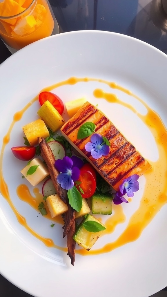 Artistic Plating Techniques for Culinary Presentation A gourmet dish with salmon and vegetables, artistically plated with sauce and garnishes.